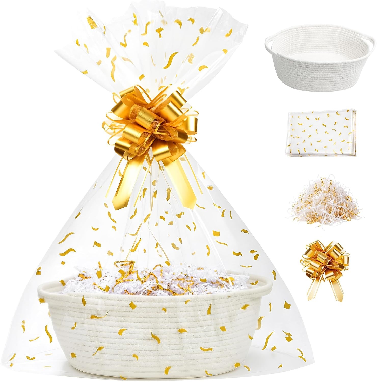Small Woven  Basket Set with Cut Paper Shred Filler, Pull Bow & Cellophane Bag,