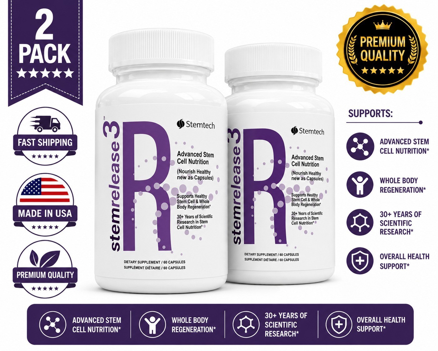 StemTech StemRelease3 2 Pack 60 Capsules Stem Cell Nutrition Supplement