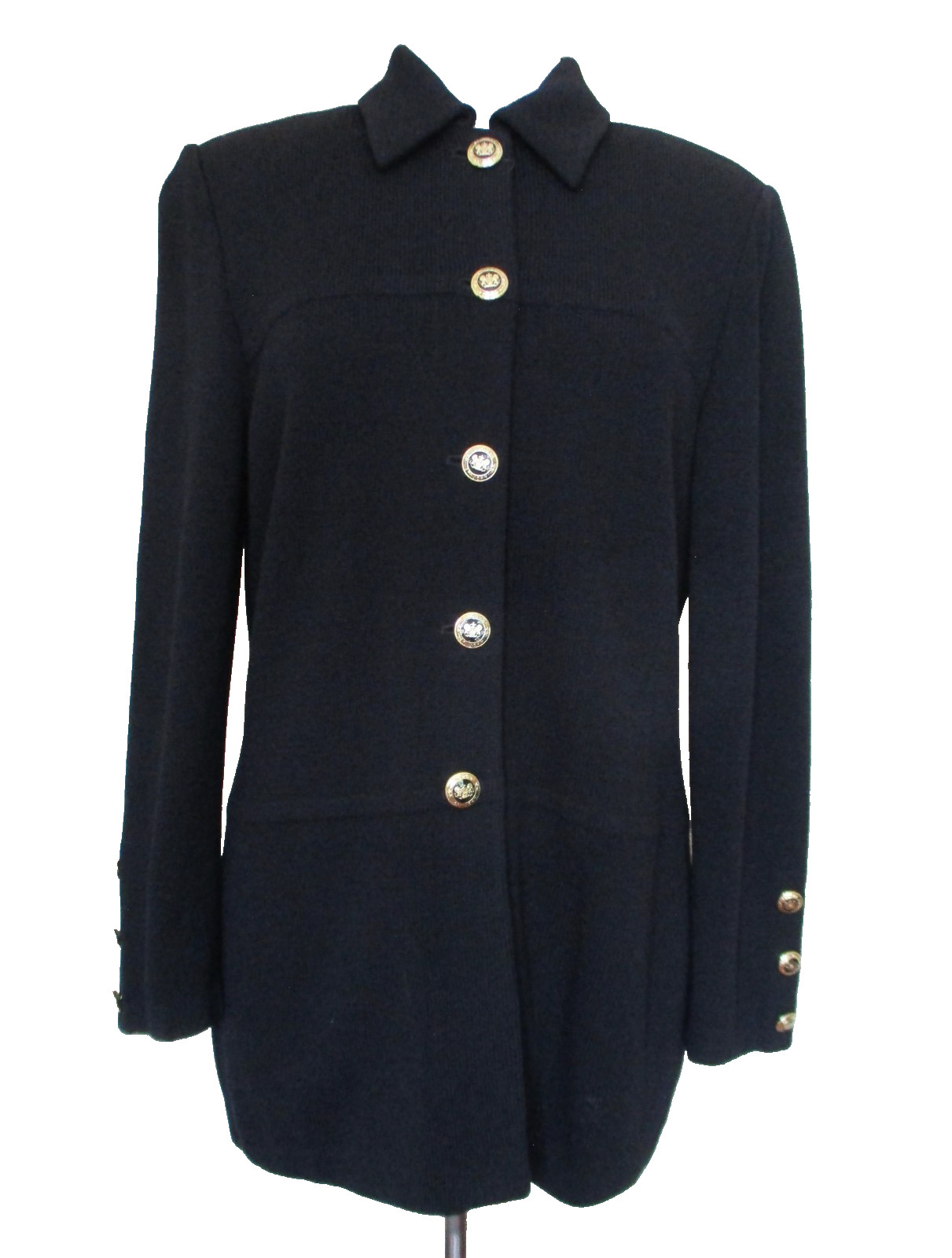 St John BASICS Black Santana Knit Cardigan Jacket Gold Logo Buttons Sz 8 Women