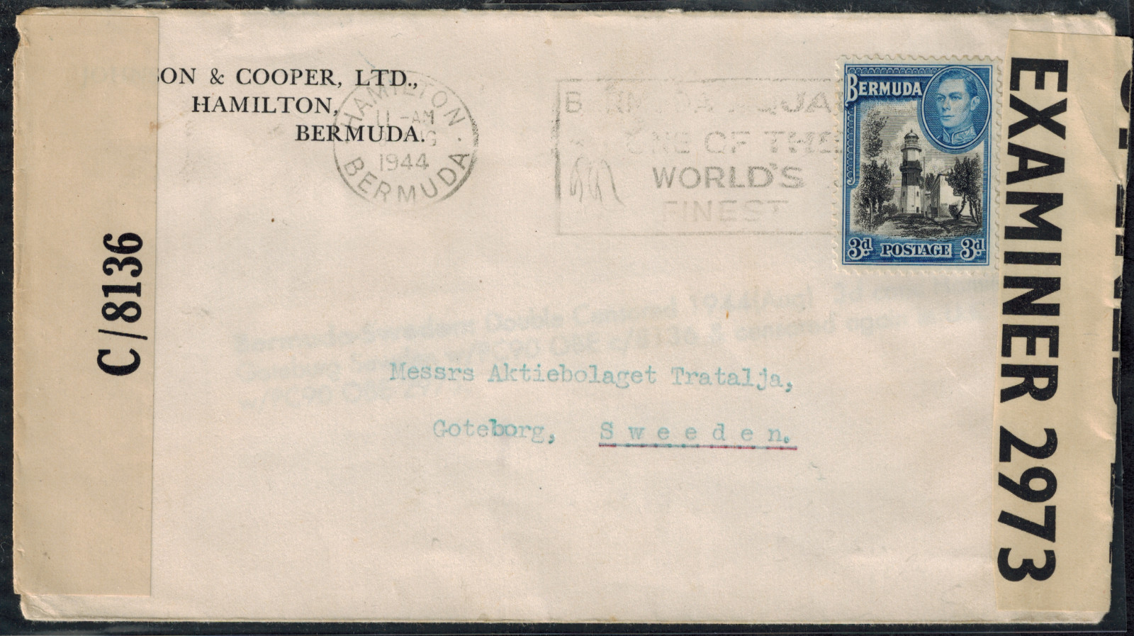 WWII Bermuda 1944 Cover Censored Twice w/ Tape C/8136 & 2973 (A1) RARE