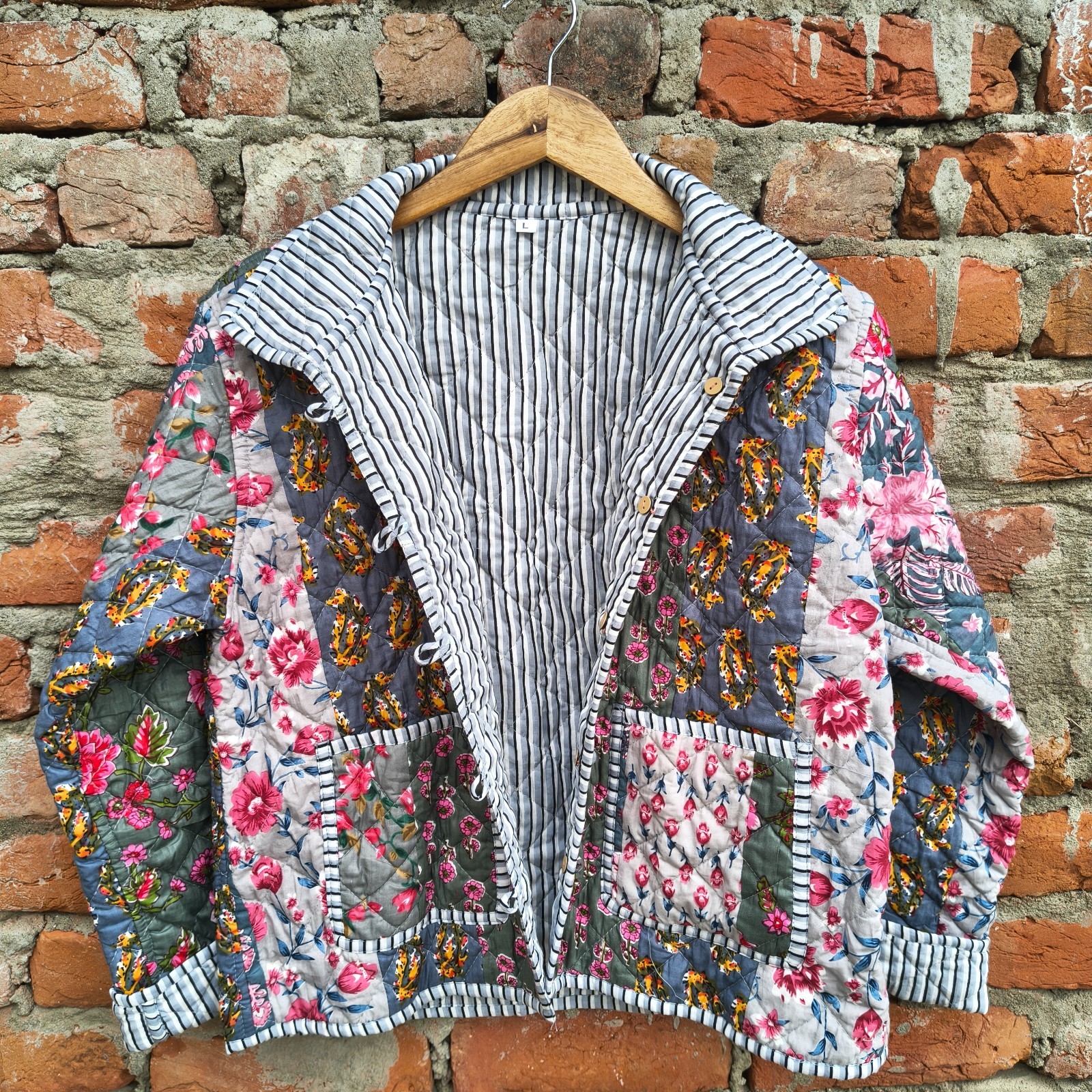 Indian Grey Quilted Patchwork Jacket Handmade Cotton Jacket Women\'s Clothing US