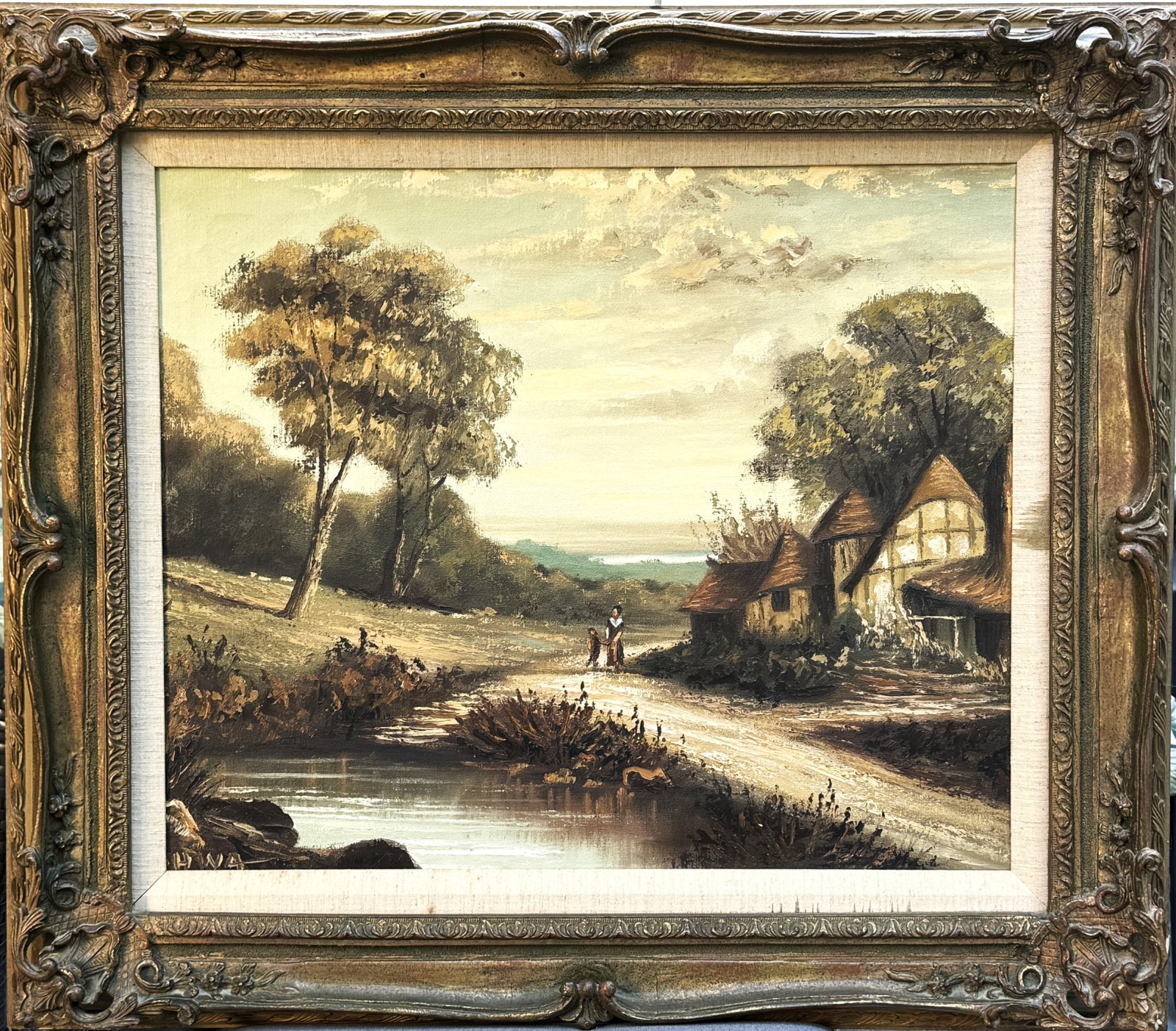 VTG Mid-20th C Continental School Impressionist. O/C Pastoral Landscape, Signed