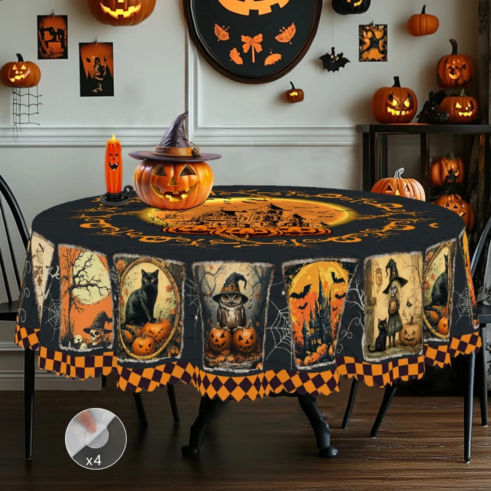 Halloween Themed Tablecloth, Black Cat, Pumpkin, Ghost, Castle Pattern Design Halloween Themed Tablecloth, Black Cat, Pumpkin, Ghost, Castle Pattern Design