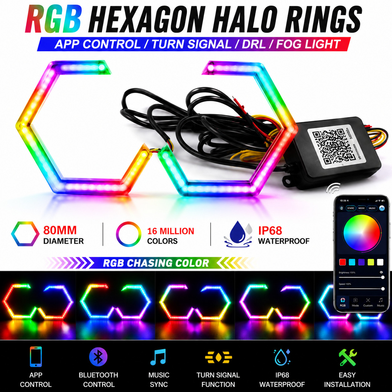 Bluetooth APP LED Hexagon Halo Rings White DRL Amber Turn Signal Angel Eyes Kits