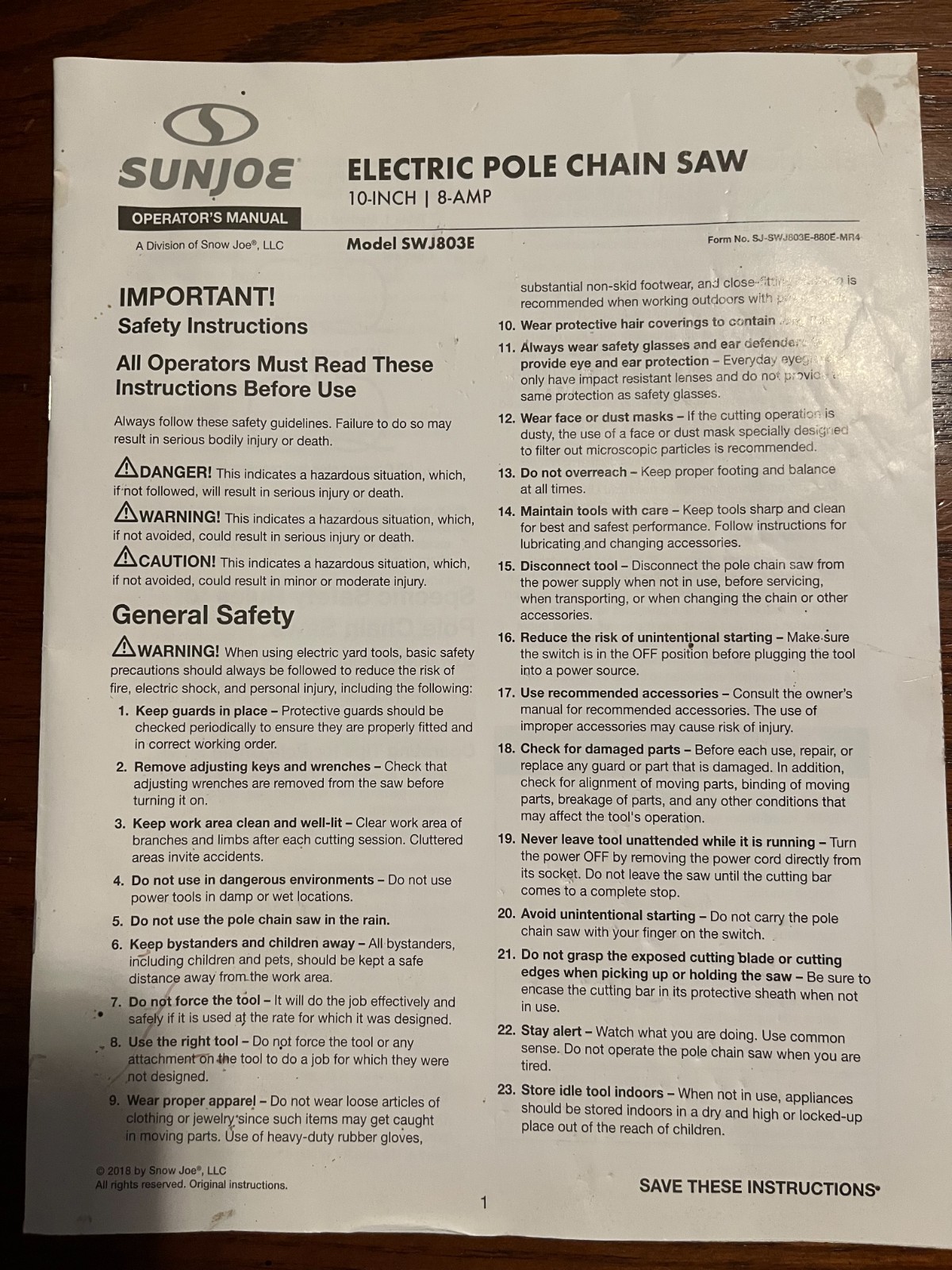 SUNJOE 10 inch 8 amp Electric Pole Chain Saw Operator\'s Manual for Model SWJ803E SUNJOE 10 inch 8 amp Electric Pole Chain Saw Operator\'s Manual for Model SWJ803E