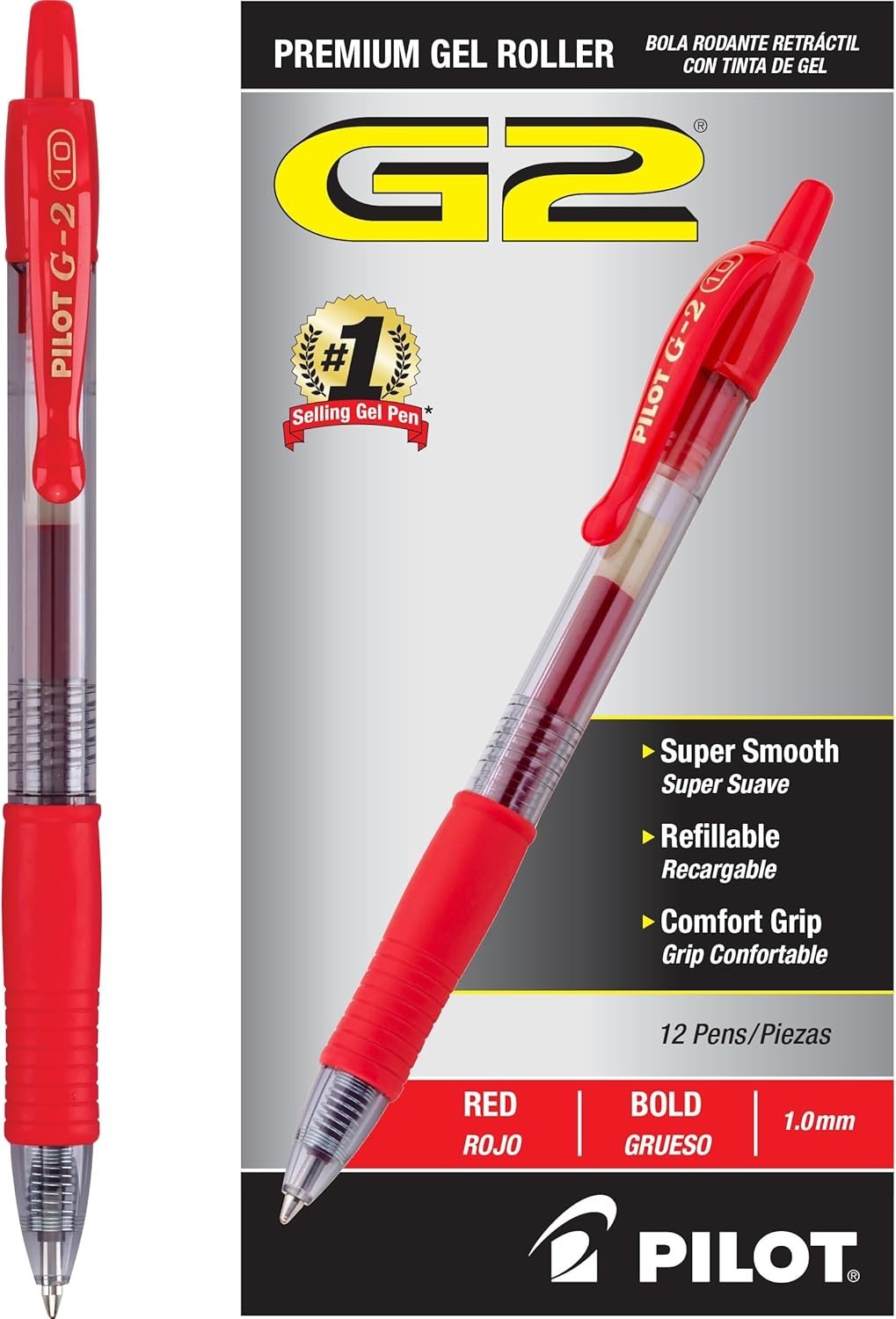 Pilot G2 Retractable Gel Pens Bold Point 1mm Red Ink Clear Barrels 12 Pack 31258