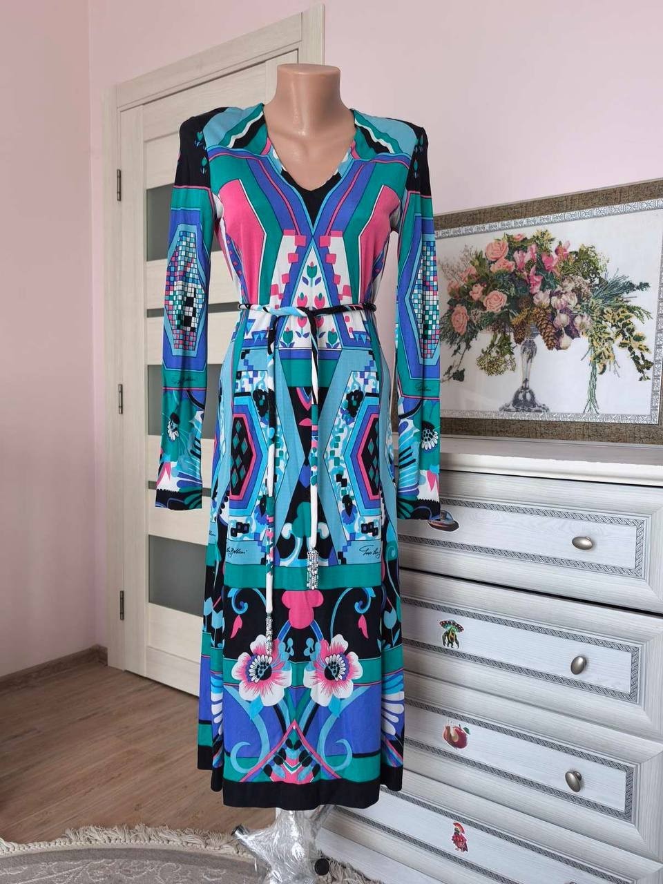 Vintage Emilia Bellini Florence 100% Silk Geometric Long Sleeve Dress IT 46 