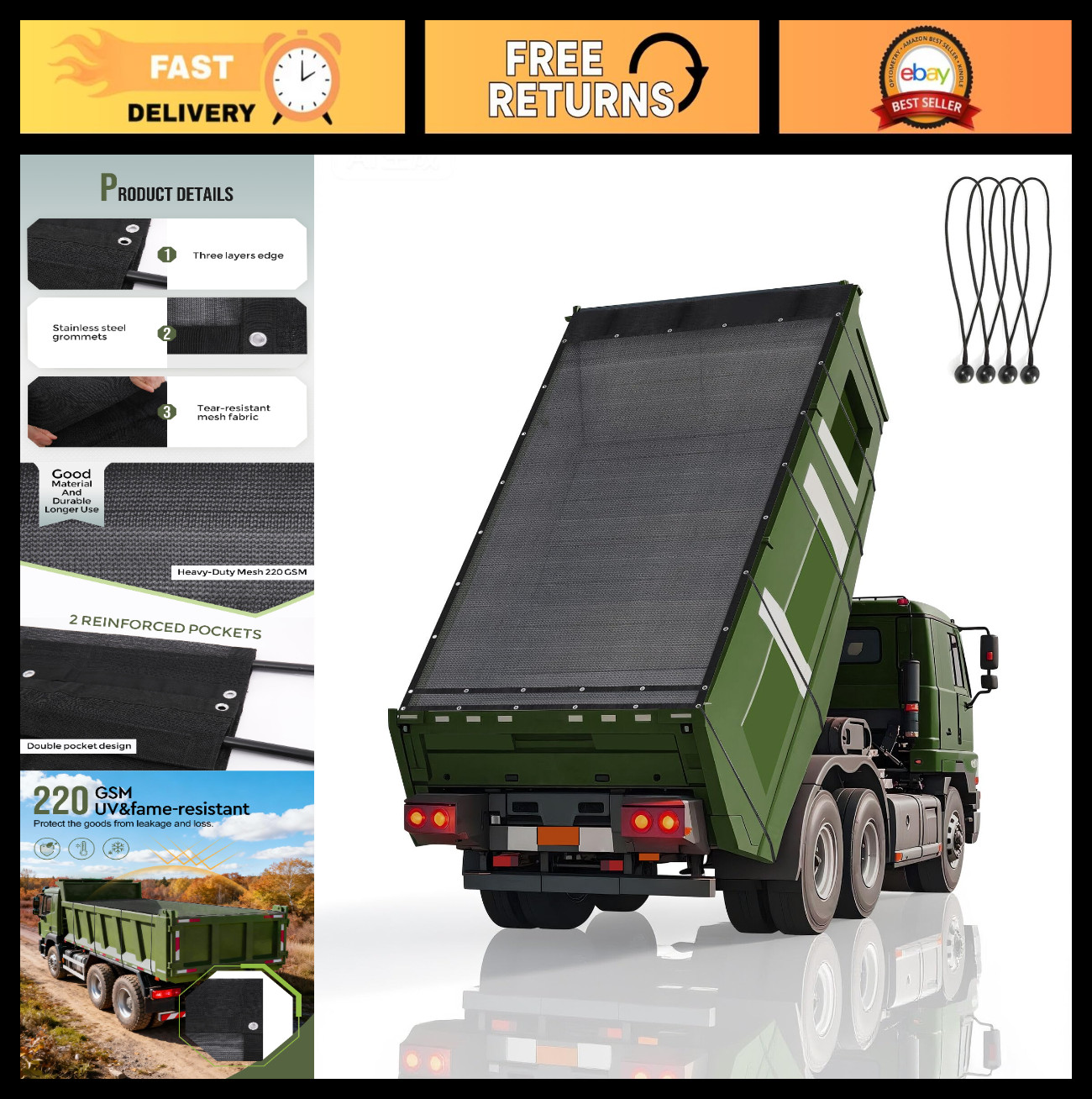 Heavy Duty 8\' x 10\' Mesh Dump Trailer Tarp with Grommets, Air-Flow, Elastic Cord