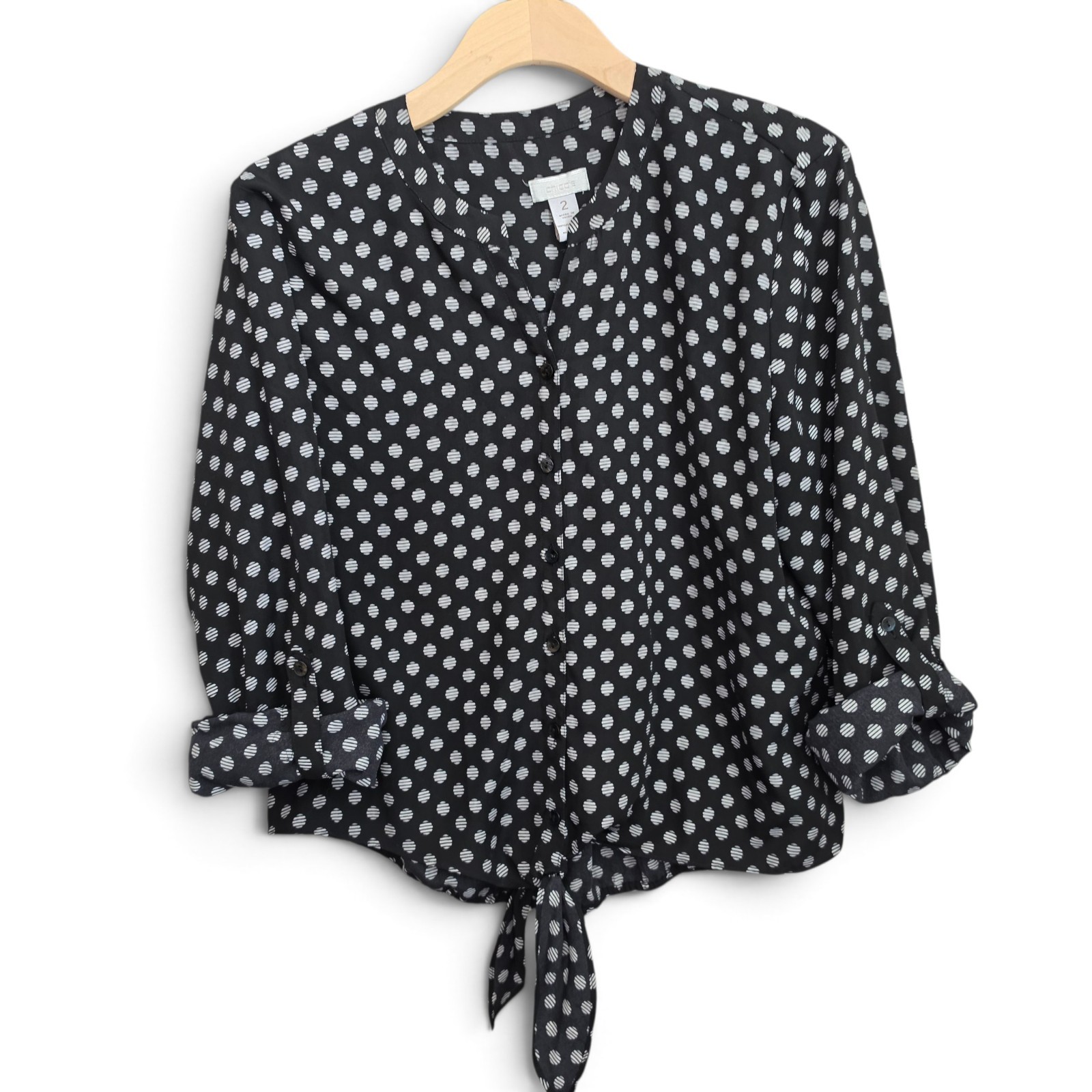 Chico\'s Top Womens Size 2 Black White Polka Dot Tie Front Button Blouse Large L