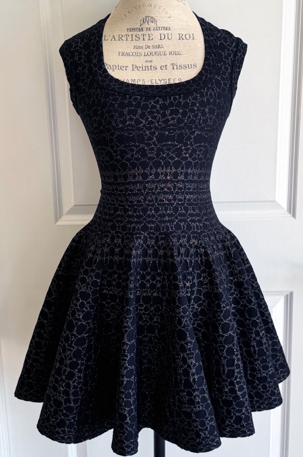 New Azzedine Alaia  BLACK  GOLD WOOL BLEND KNIT FIT & FLARE MINI DRESS 36