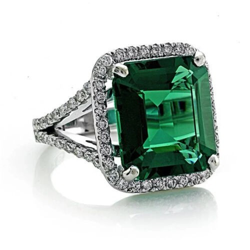 7.54 Ct Emerald Natural Emerald Diamond Engagement Ring 14K White Gold Size 7