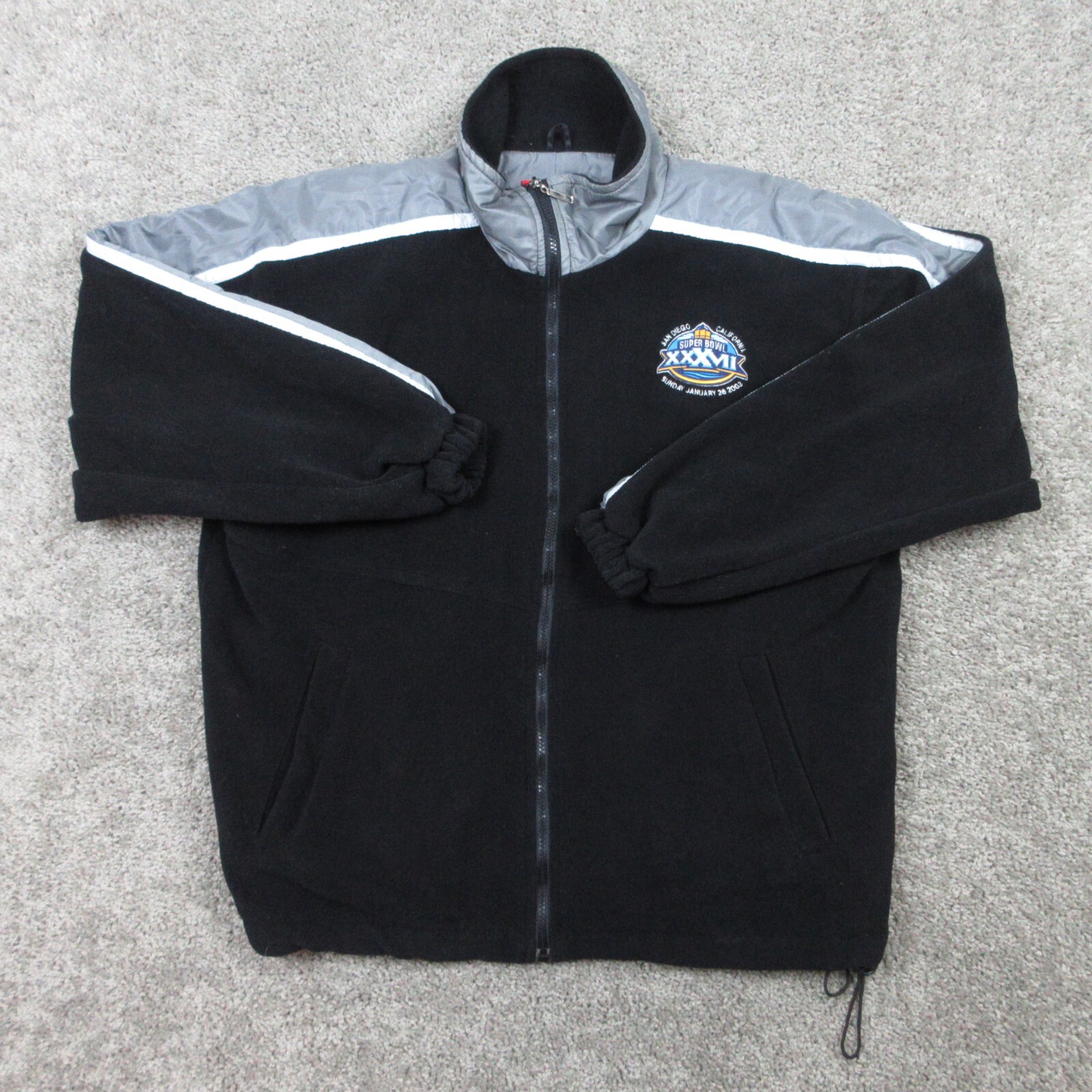 Vintage Super Bowl XXXVII Jacket Mens Medium Black Fleece NFL Football 2003 NWT