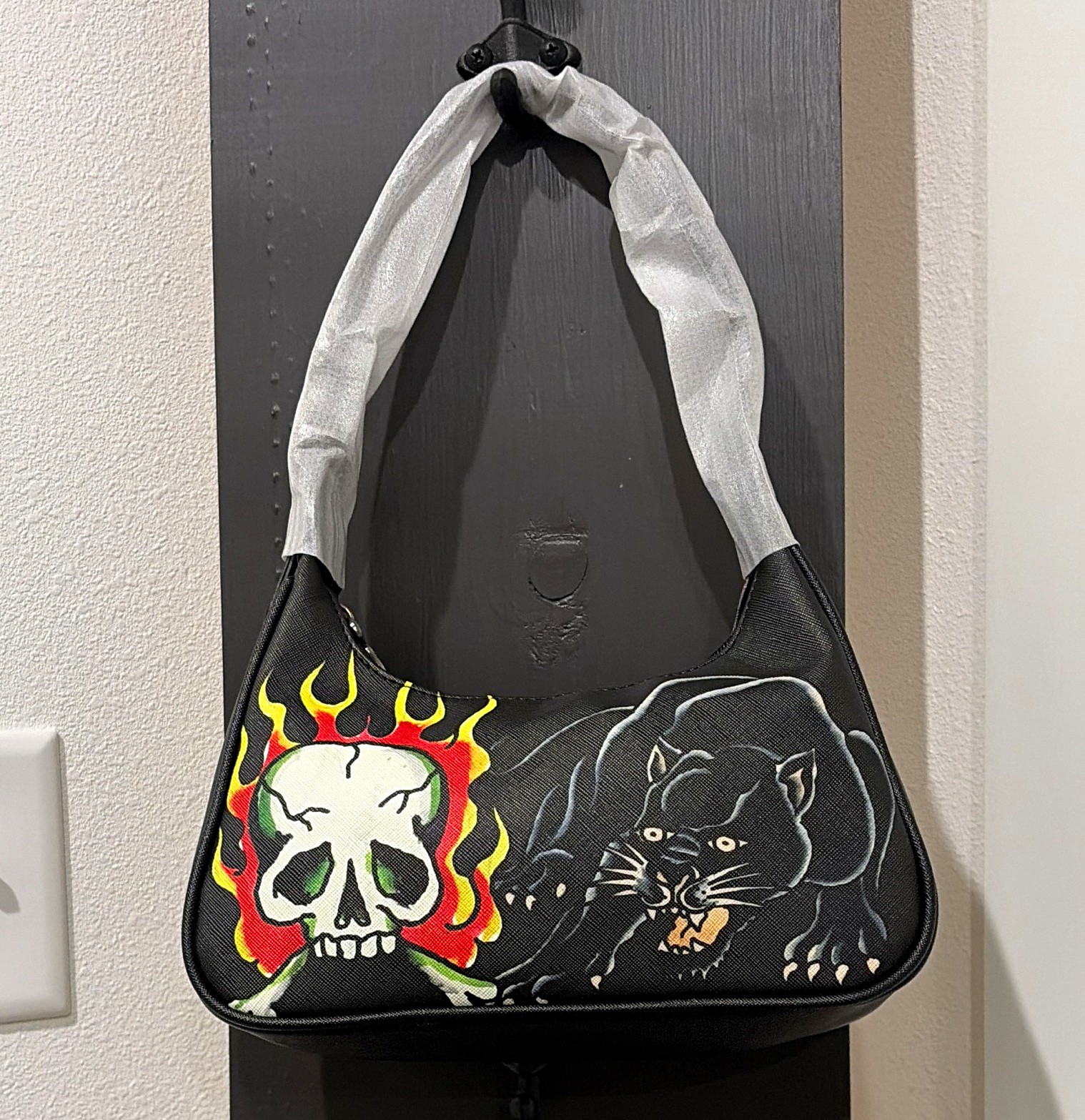 Ed Hardy Black Skull Flames Panther Logo Small Crescent Shoulder Bag Zip