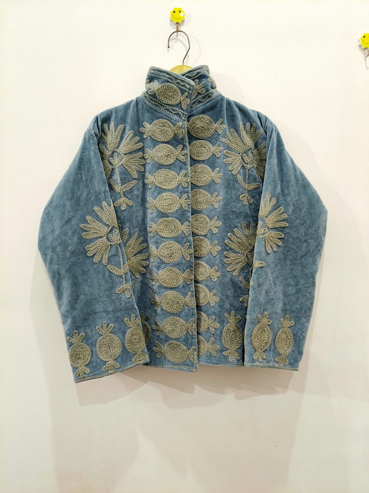 Grey Embroidery floral Jackets Velvet inner Cotton Bohemian Style Winter Coat