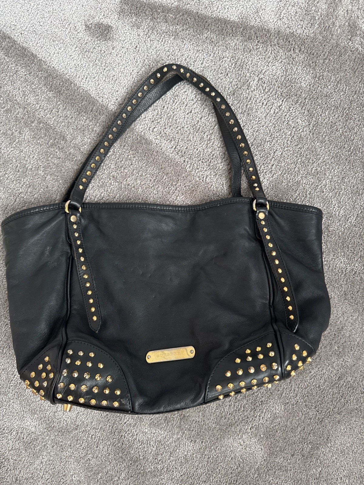 Black leather Burberry Tote with gold studs