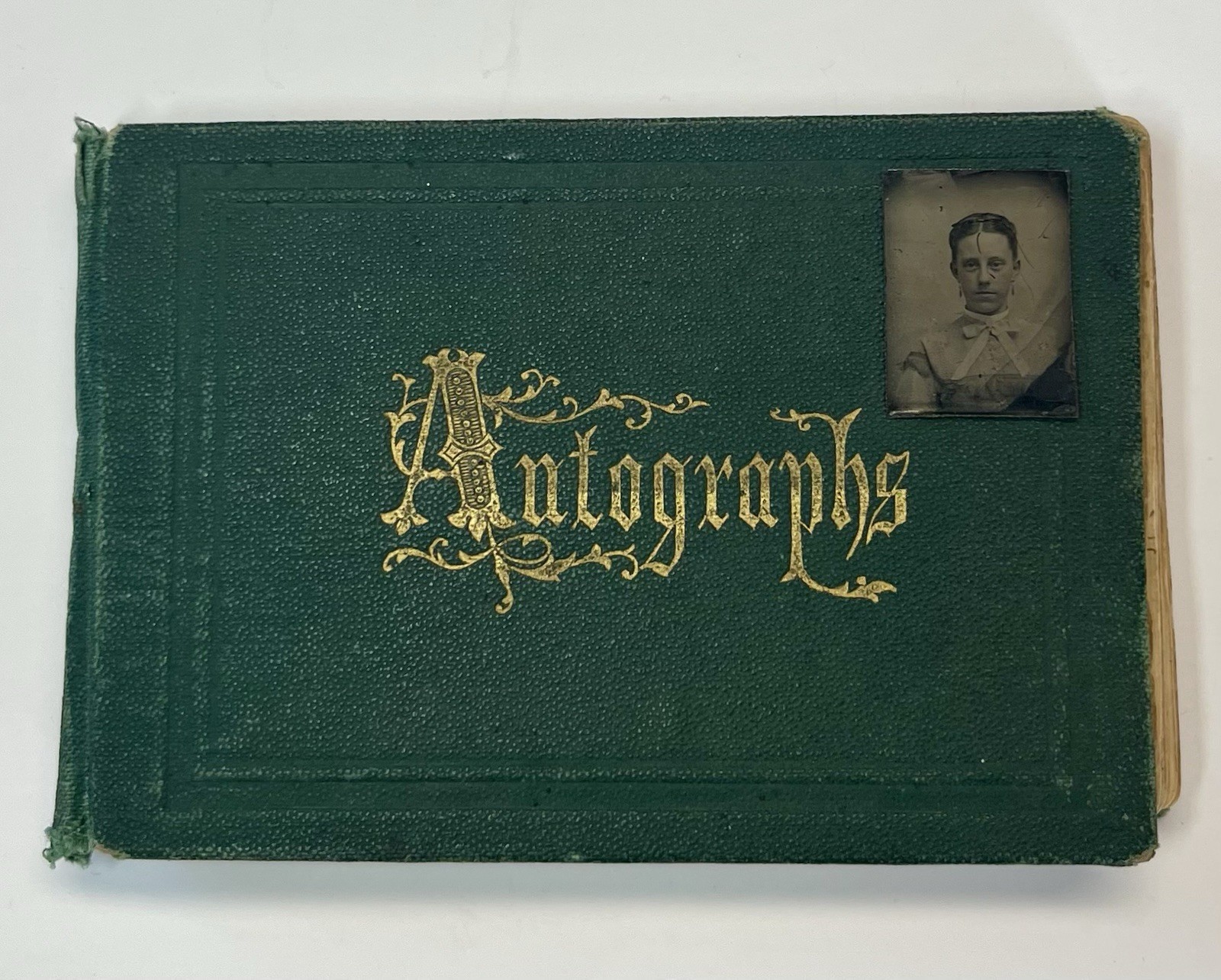 Antique Late 1868 Leather Gilded Autograph Book Many Signatures & Tintype Photo