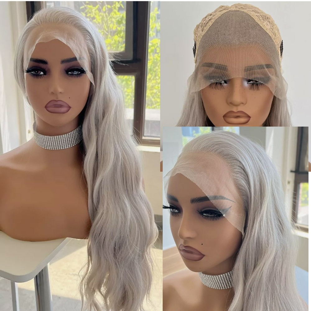 Long Wavy Soft Silver Grey Human Hair Blend Heat Ok Glueless Lace Front Wigs