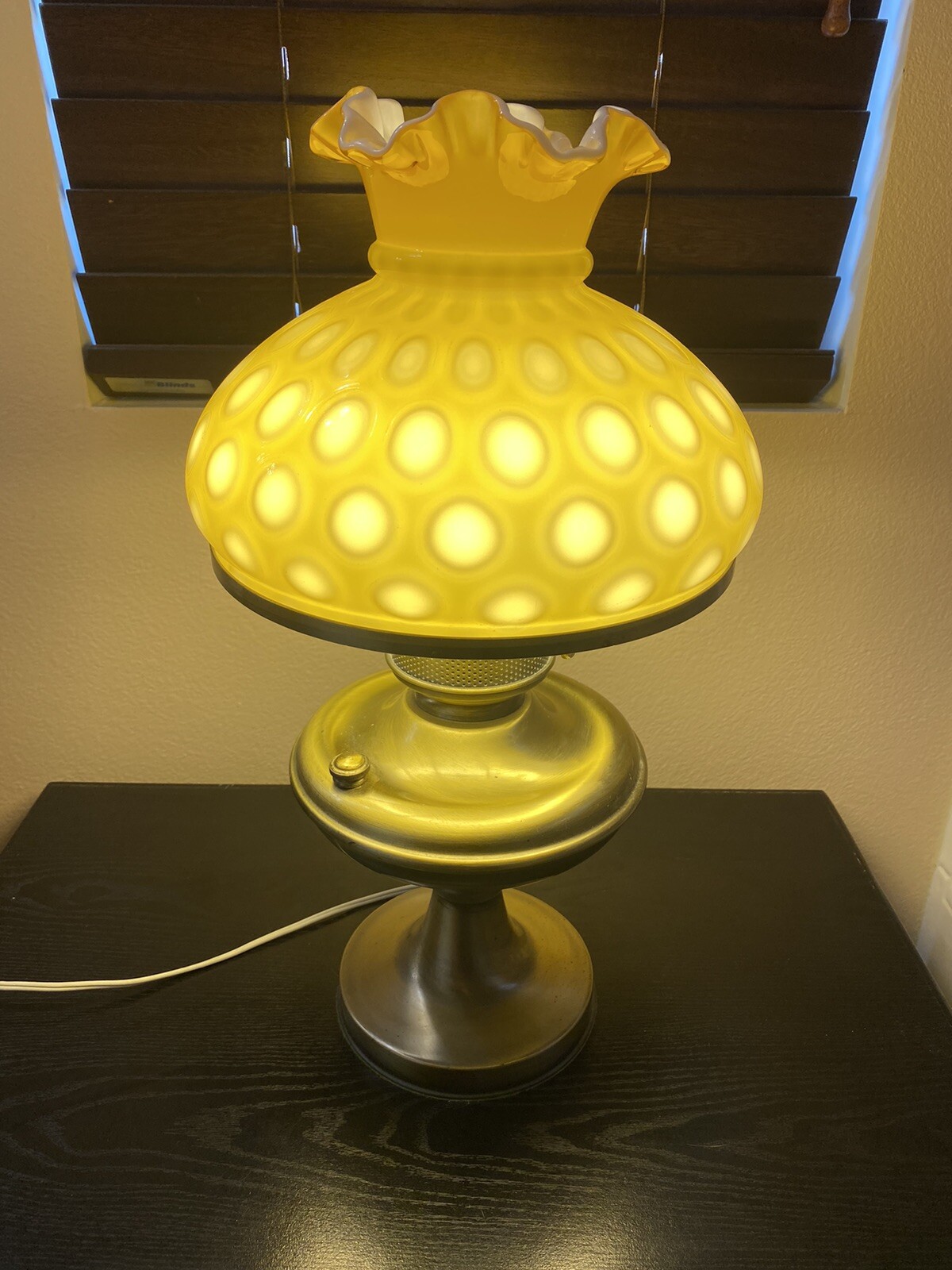 Fenton Opalescent Coin Dot Honeysuckle BRASS LAMP w/FLOWER DESIGN 1948-1949