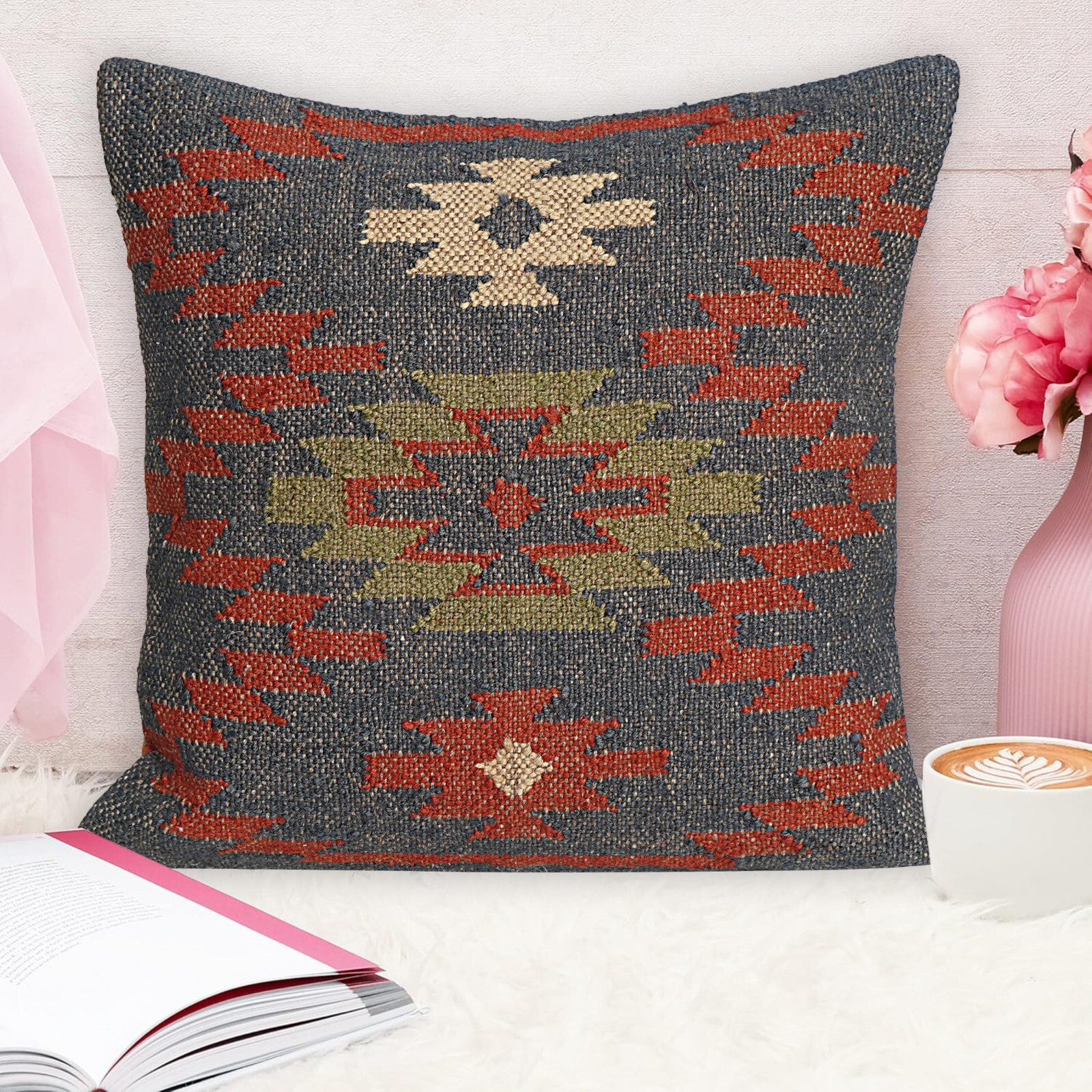 Indian Handmade Vintage Cushions Kilim Pillow  Wool Jute Cushion Cover Throw