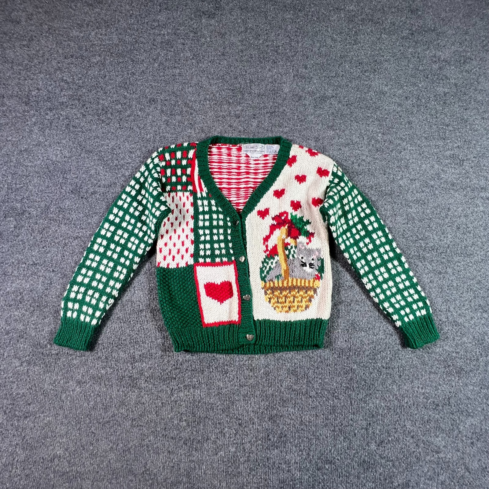 Vintage The Eagle\'s Eye Christmas Cardigan Sweater Youth Green Cotton Hand-Knit
