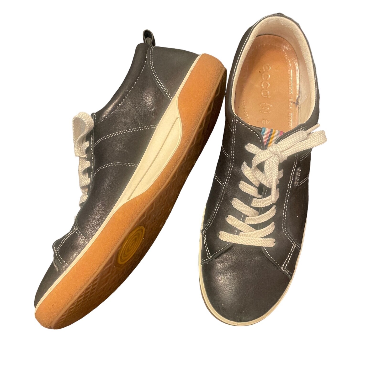 Ecco 40 Black Leather Lace Up Shoes US Size 7.5 Rainbow Tag
