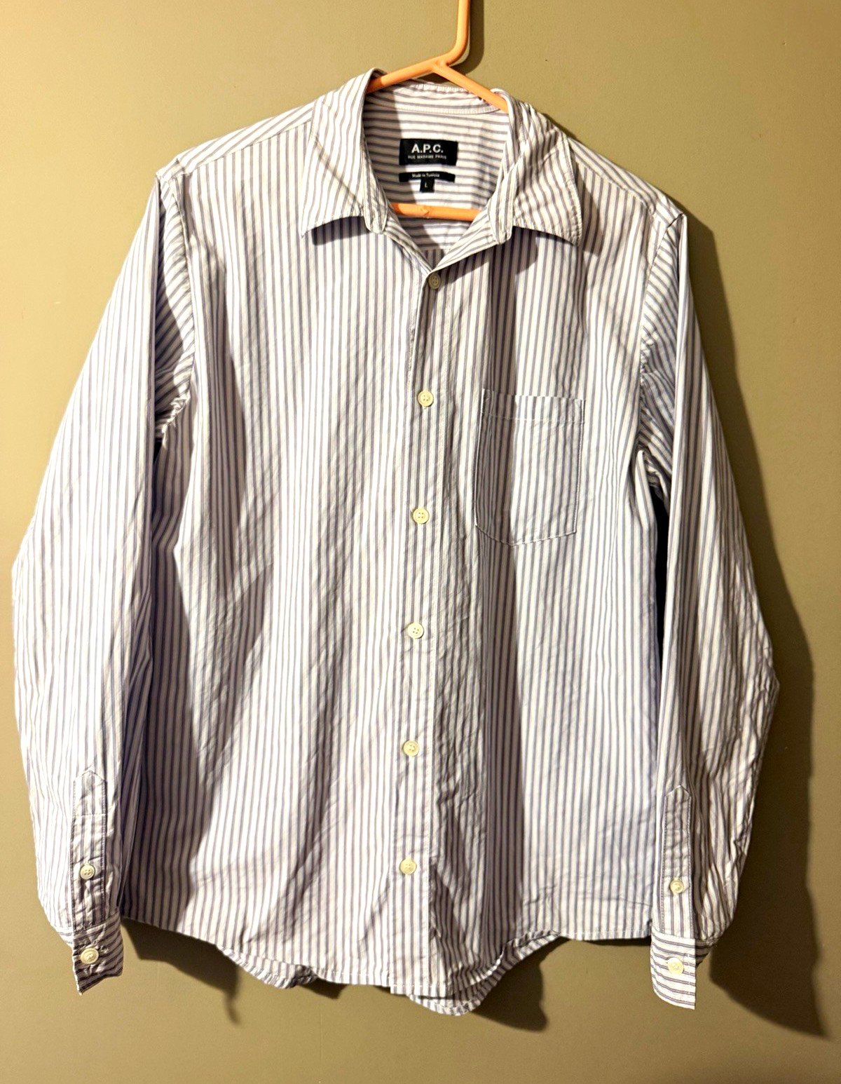 A.P.C. Men\'s L Blue/White Striped Long Sleeve Point Collar Button-Up Shirt A.P.C. Men\'s L Blue/White Striped Long Sleeve Point Collar Button-Up Shirt
