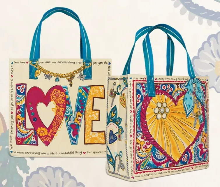 Large canvas BRIGHTON ‘LOVE STORY’ TOTE heart charms bow scarf zippered POCKET