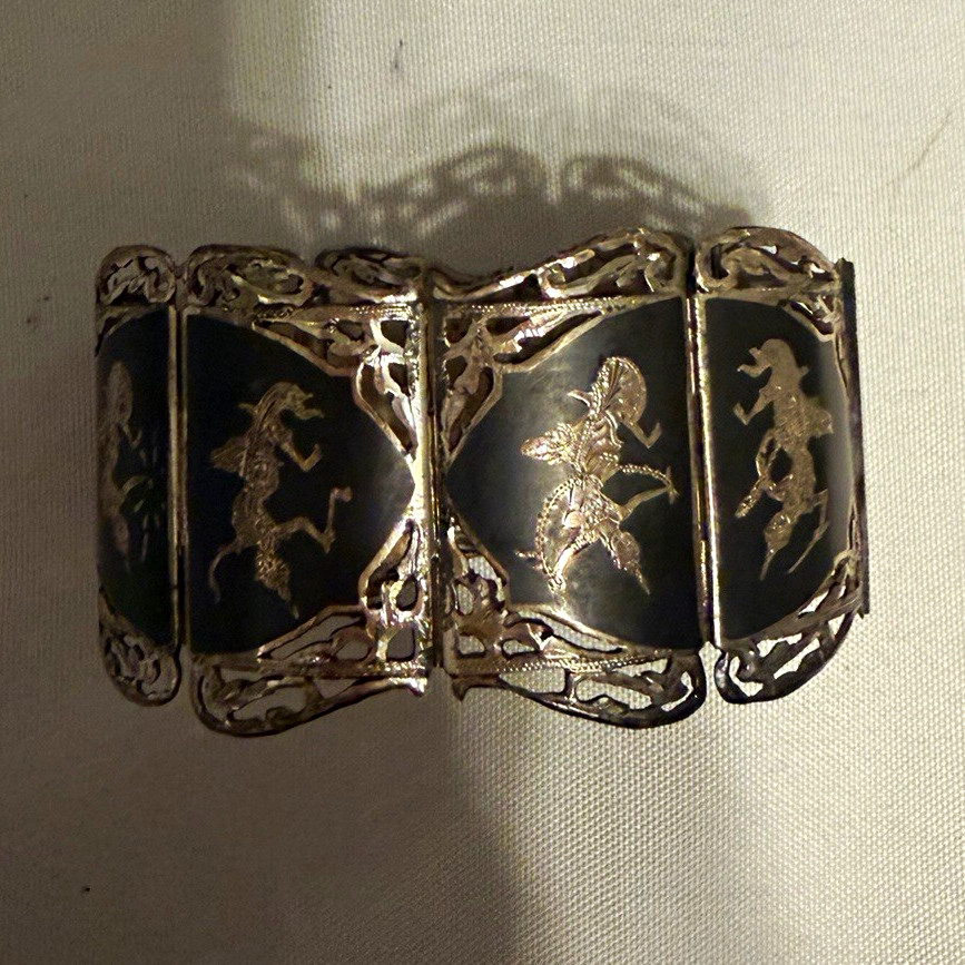 Vintage Siam Sterling Silver Niello Panel Bracelet 49g 6.75” Thailand