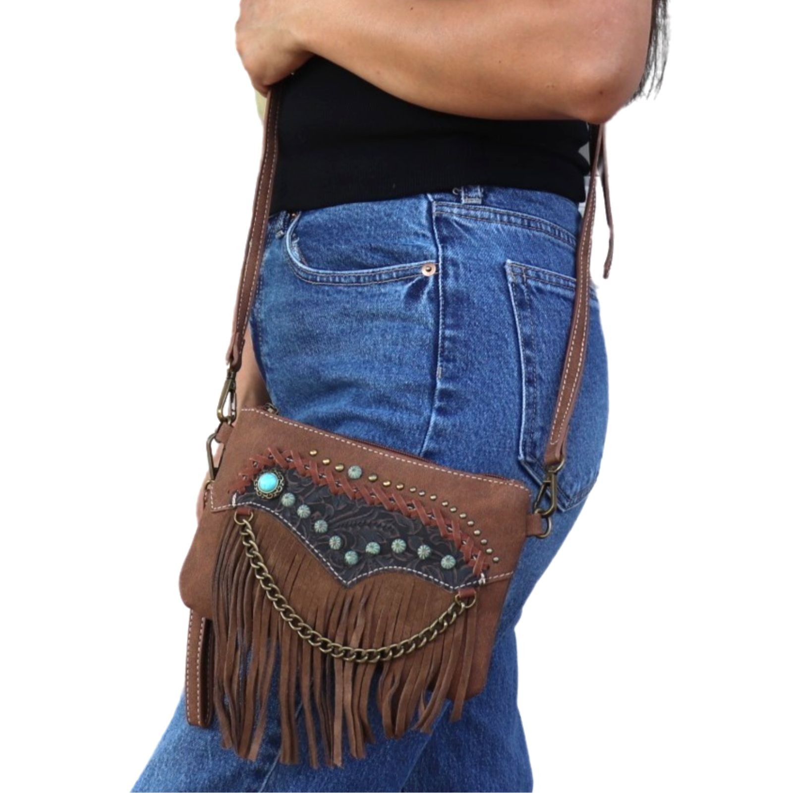 Montana West Turquoise Studed Purse Leather Fringe Crossbody Bag Brown