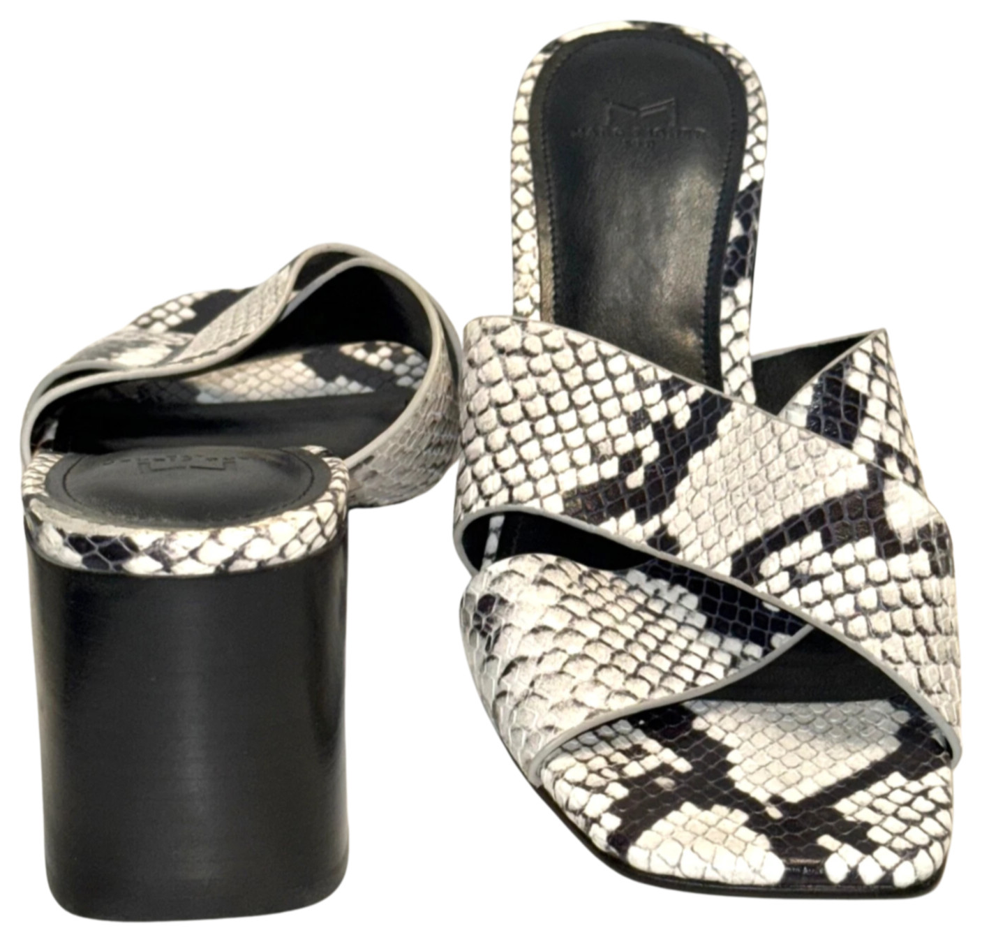 MARC FISHER SQUARE TOE MLSAYDI 7 SNAKESKIN CHUNKY LEATHER HEEL BLOCK PREO SANDAL