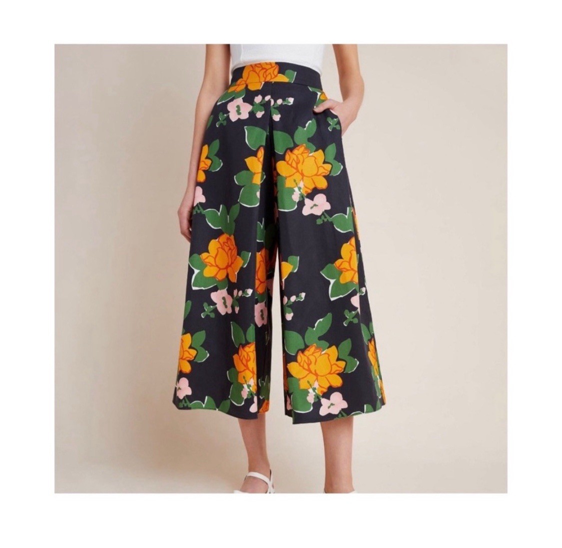 Anthropologie WHIT Black Wide-Leg Floral Jumpsuit Pants with Orange & Green
