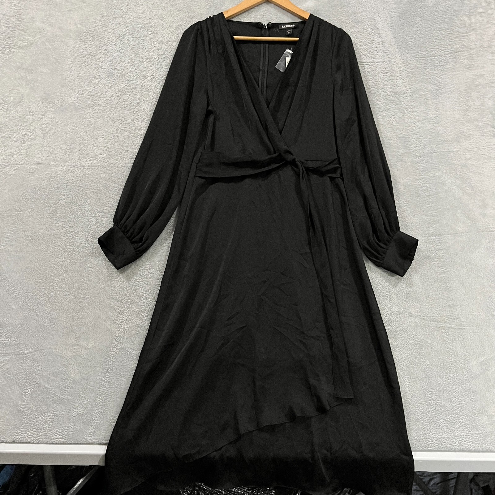 Express Maxi Wrap Dress Medium M Long Sleeve Satin Black Belted Asymmetrical
