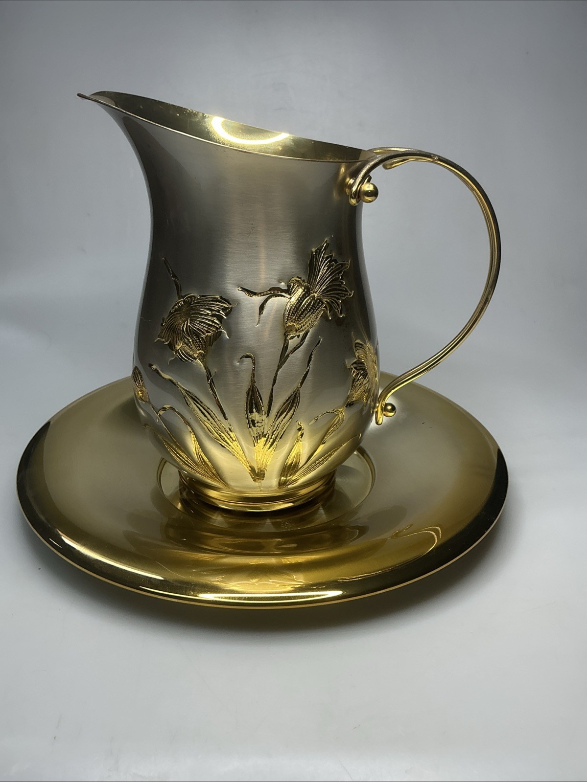 Rare Vintage OROTEN Italy 24K Gold Gilt Silver Pitcher/Saucer Set Gruppo Ronchi