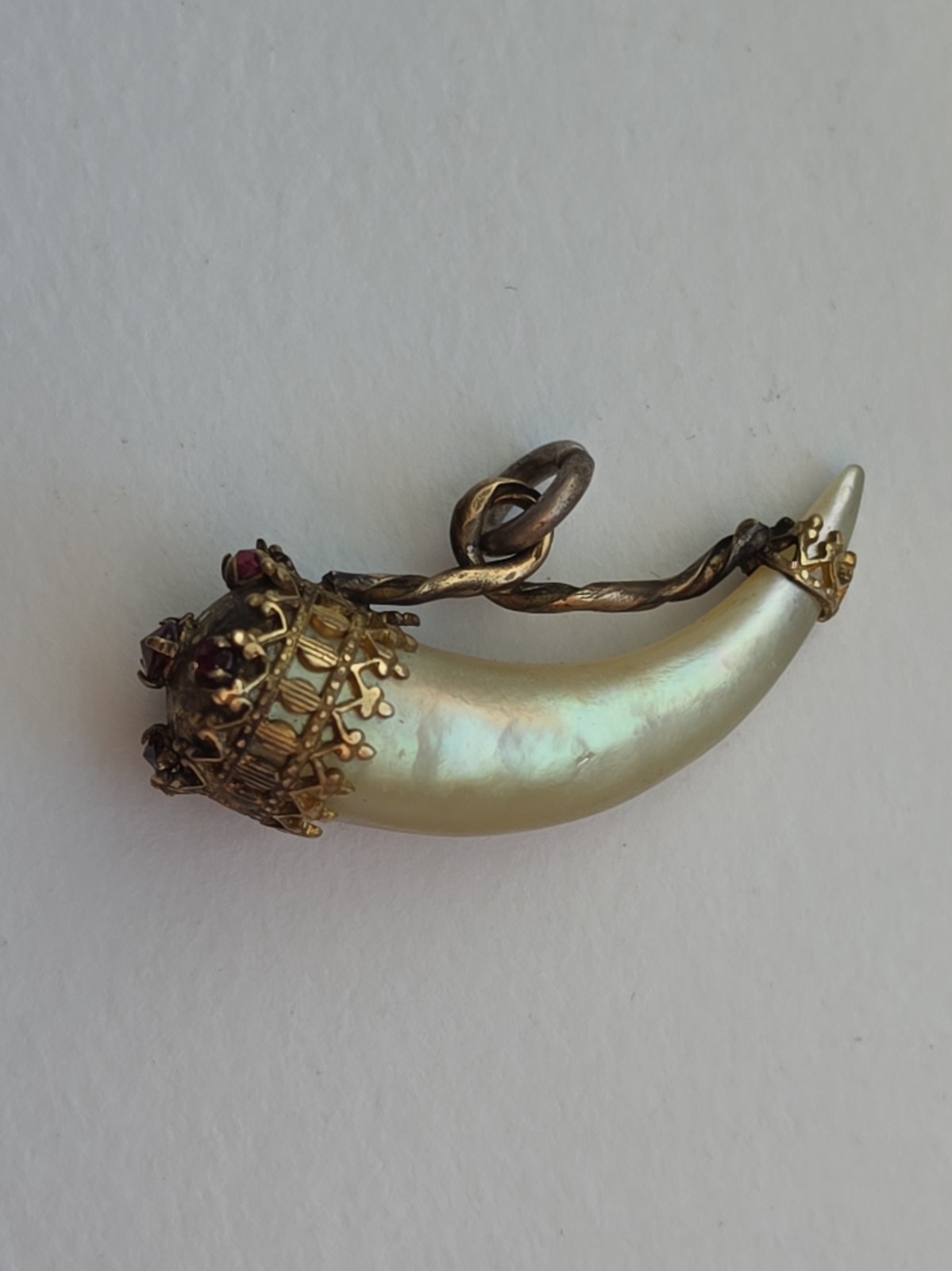 Victorian Cornucopia Horn Watch Fob Pendant Gold Filled Mother Of Pearl Garnet