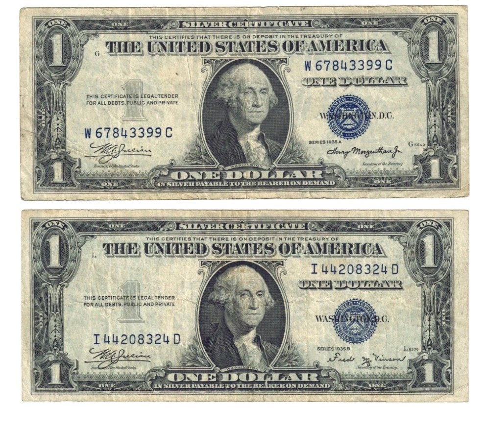 Lot Of 2 1935 A 1935 B $1 Silver Certificate Blue Seal Note Lot Of 2 1935 A 1935 B $1 Silver Certificate Blue Seal Note