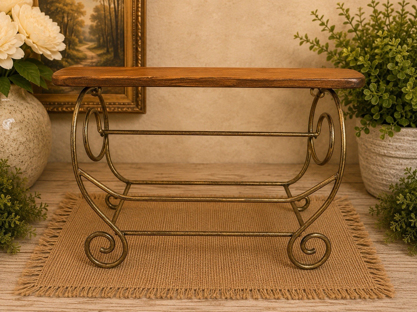 Vintage HOMCO Home Interiors Wood Wall Shelf Gold Metal Scroll 17” Country Decor