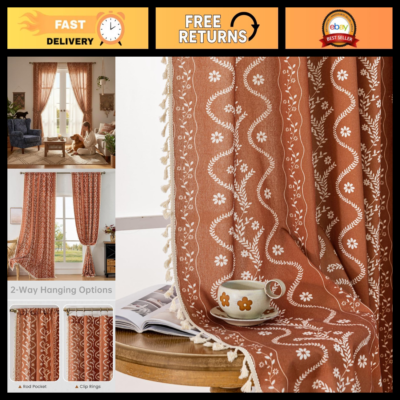 Burnt Orange Farmhouse Curtains 2 Panels, Boho Vintage Floral Tassel 84\