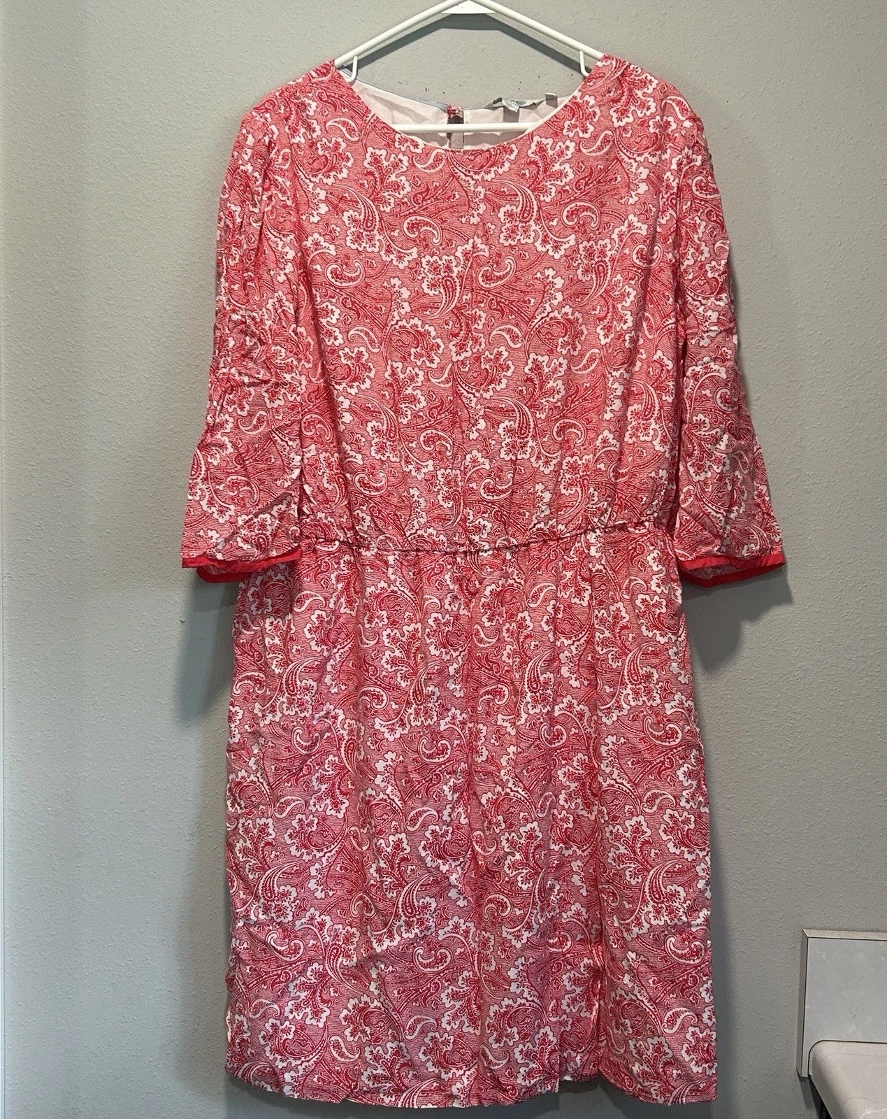 Boden Dolly Day Faux Wrap Dress 16 Red Floral Paisley 3/4 Sleeve Empire Waist