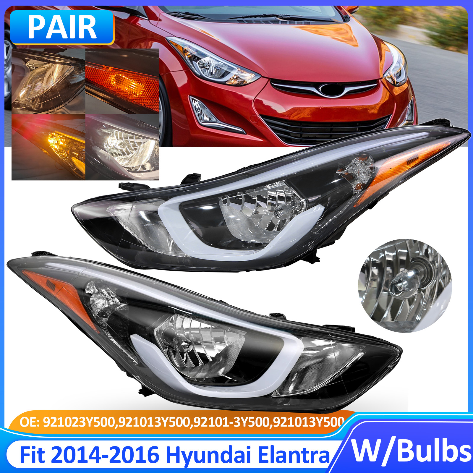 Pair For 2014 2015 2016 Hyundai Elantra Headlight Assembly W/Bulbs Left & Right