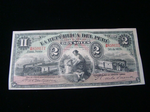 Peru 1879 2 Soles Banknote XF Pick #2 Nice