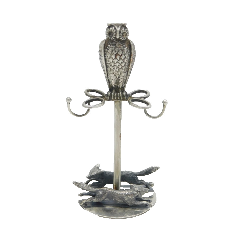 19th Century Sterling Silver Owl & Fox Form Jewellery Stand Antique c1890s