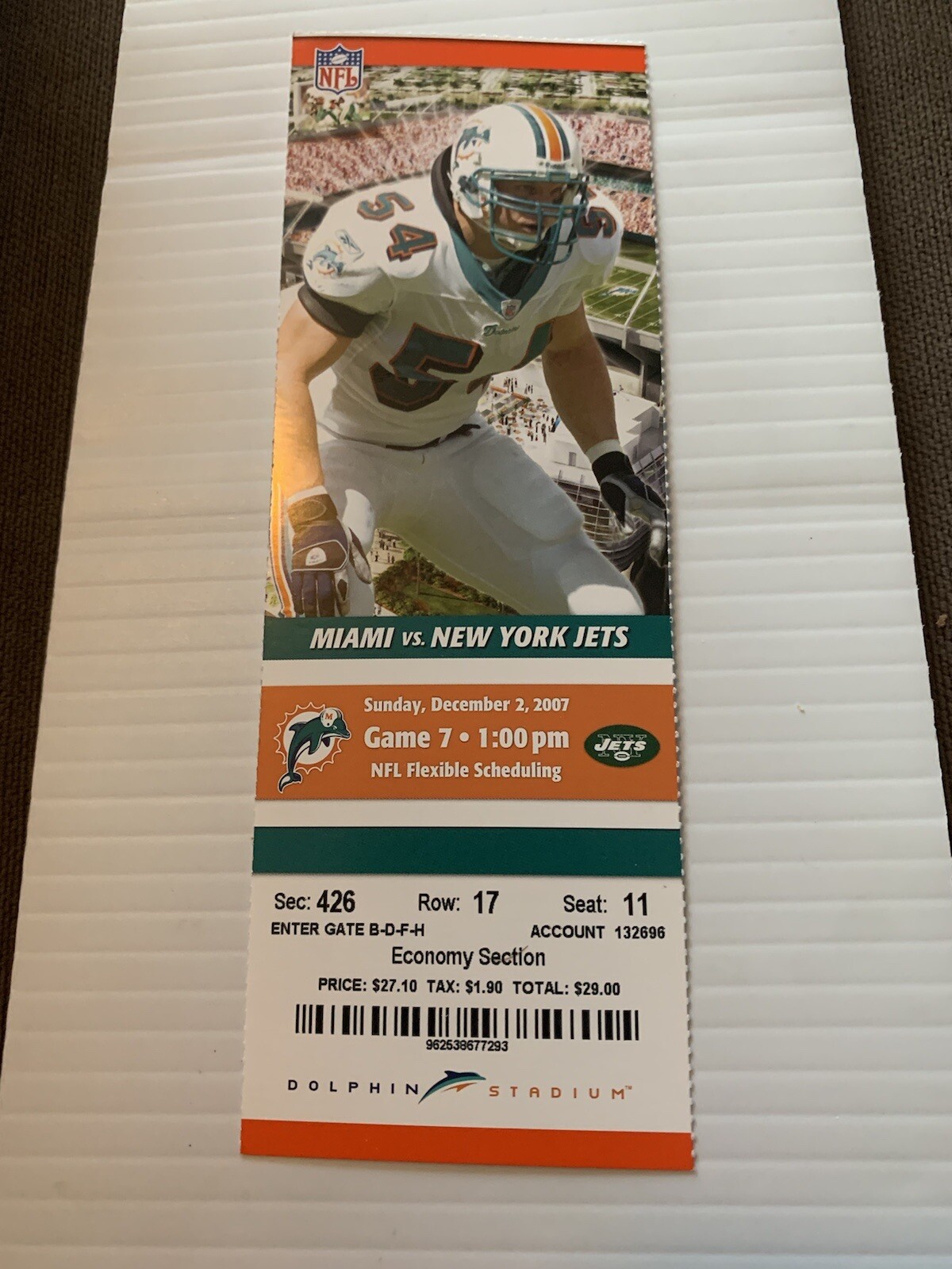 Dolphins vs Jets 12/2/2007 Full ticket Darrelle Revis Rookie Season Zach Thomas Dolphins vs Jets 12/2/2007 Full ticket Darrelle Revis Rookie Season Zach Thomas