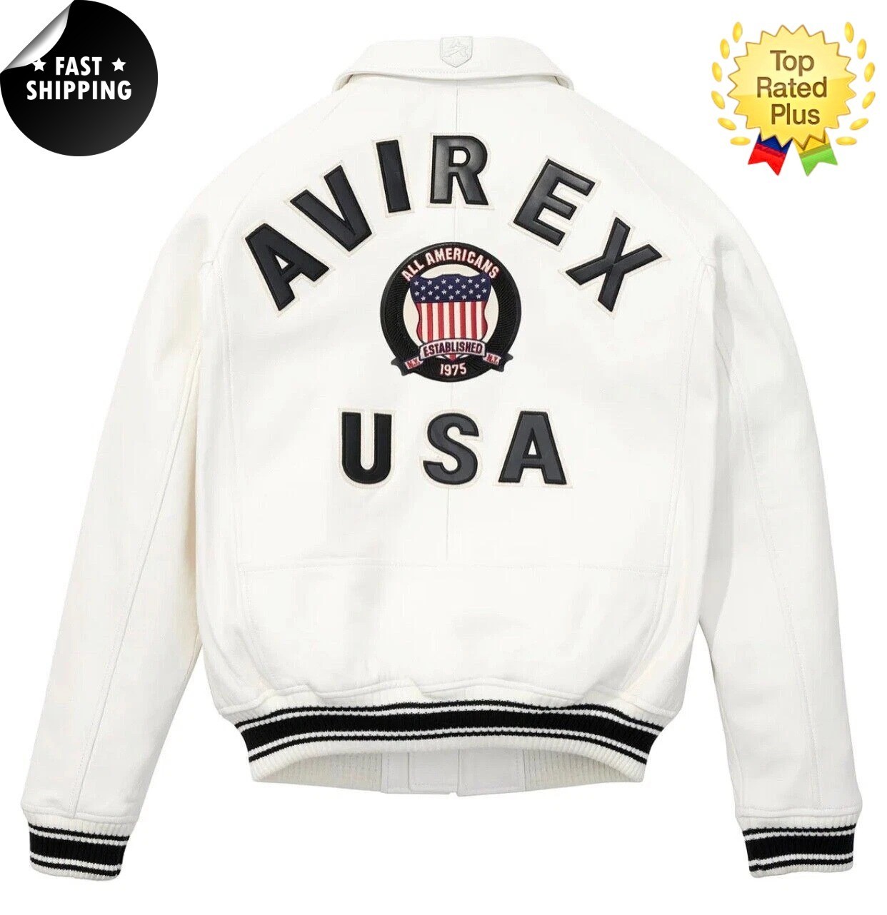 Men Avirex WHITE Real Bomber American Flight Jacket Leather Jacket FAST SHIPPING