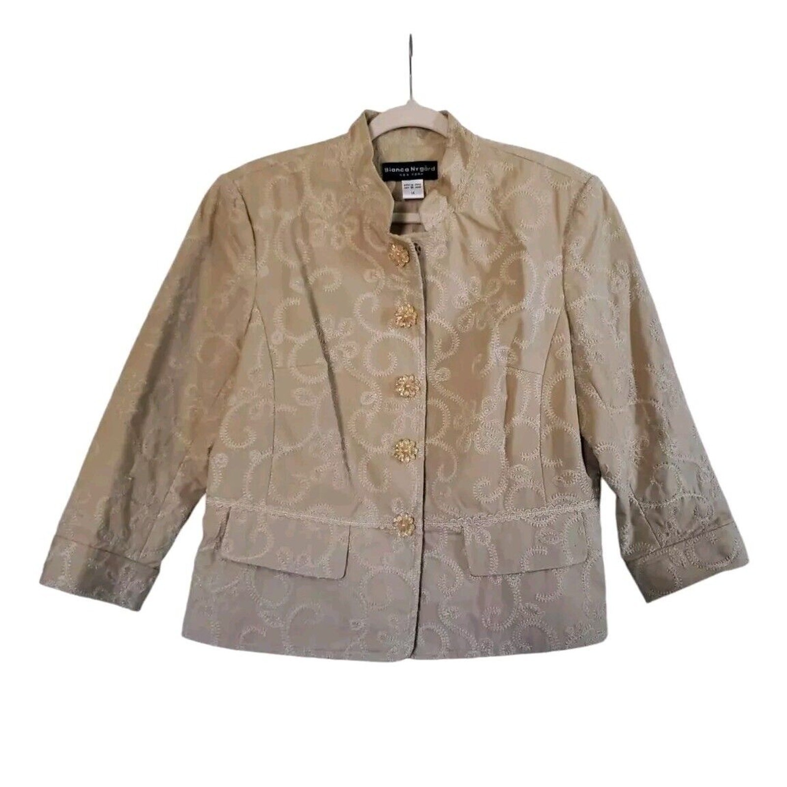 Bianca Nygard Embroidered Cotton Lined Accent Floral Buttons Art Jacket, Size 14