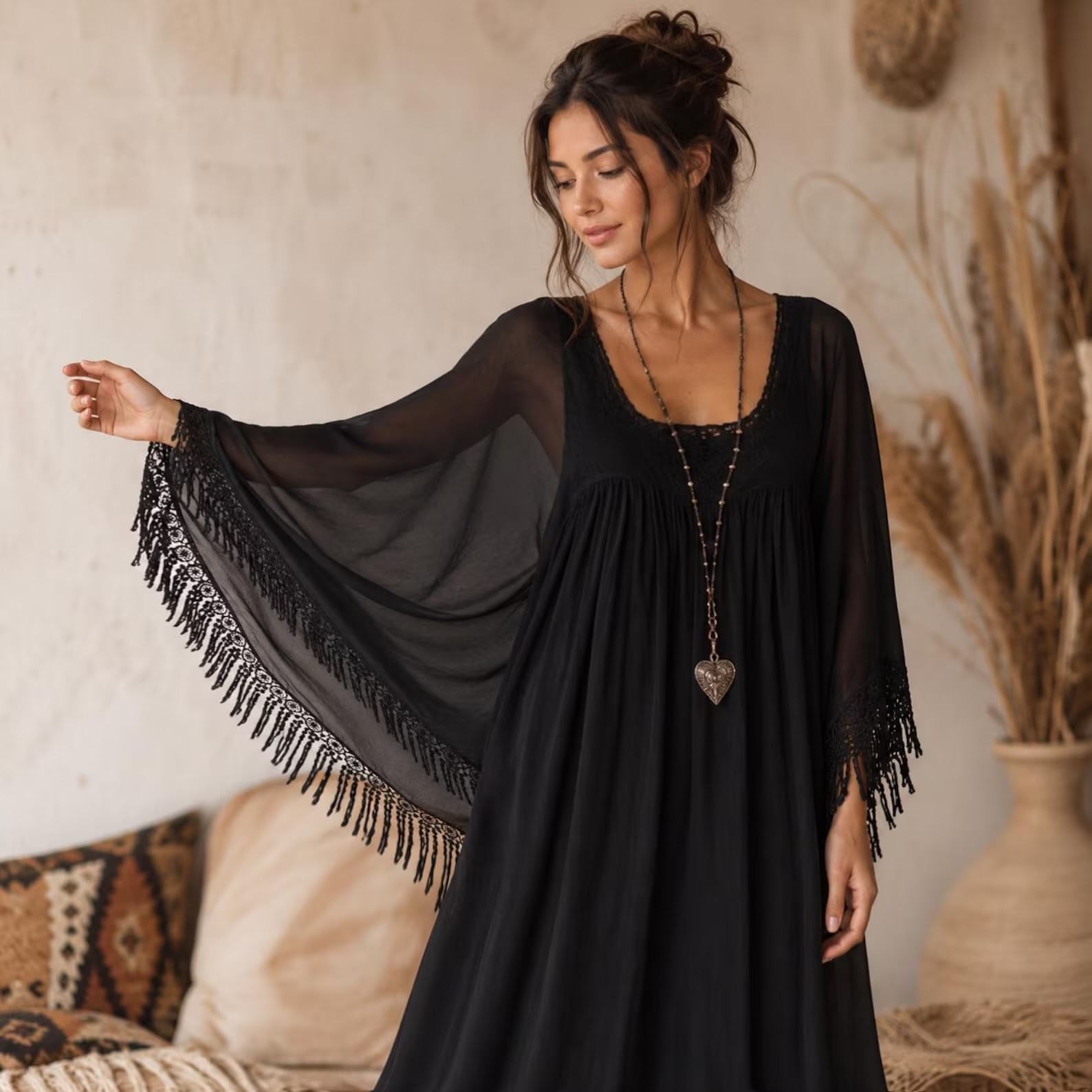 Boho CottageGoth, Butterfly Sleeves, Lace Fringe Sleeves, Oversized Fit, WWC156A