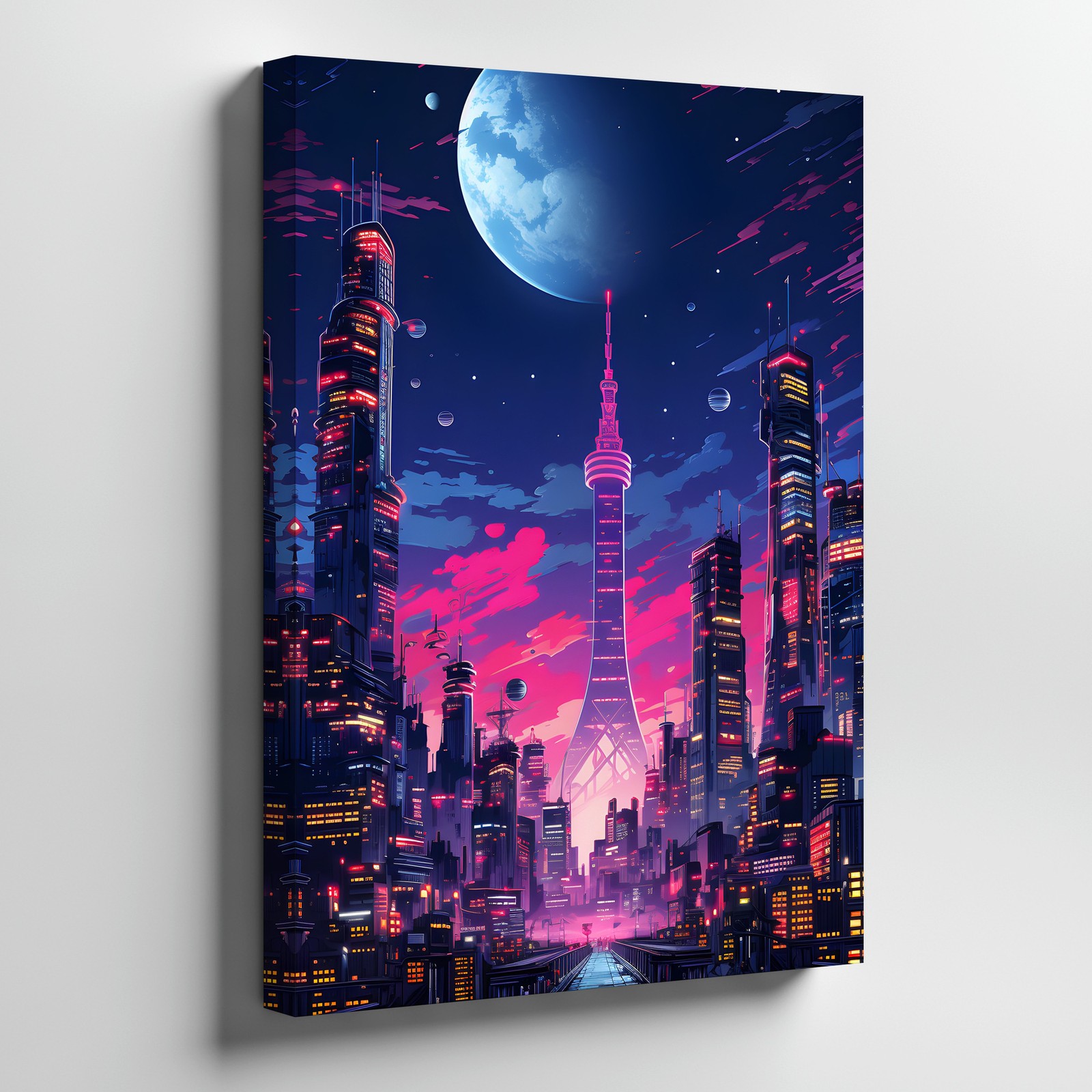 Futuristic Cityscape Canvas Wall Art Neon Skyline Moon Urban Night Scene Print Futuristic Cityscape Canvas Wall Art Neon Skyline Moon Urban Night Scene Print
