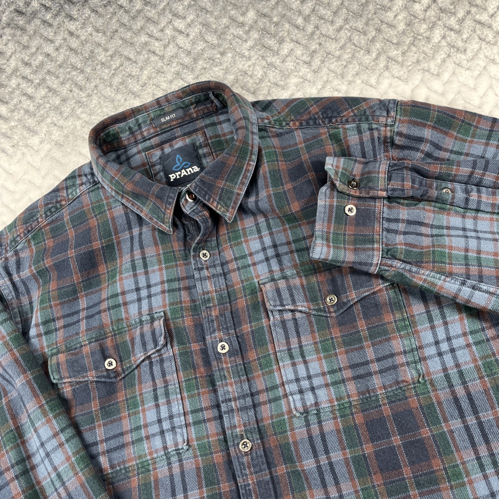 PrAna Horizon Flannel Shirt Mens L Heavy Organic Cotton Blue Heavy Slim Fit