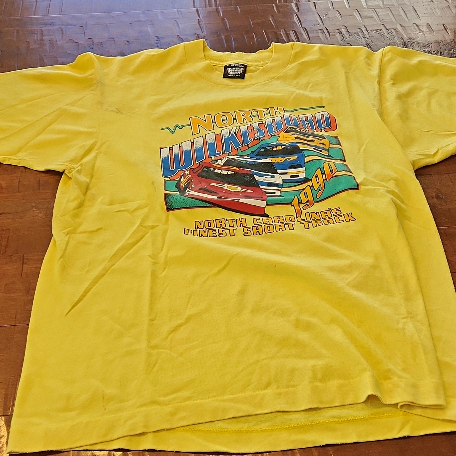 Screen Stars Best Men\'s L Yellow Racing Graphic Crew Neck Tee 1990s