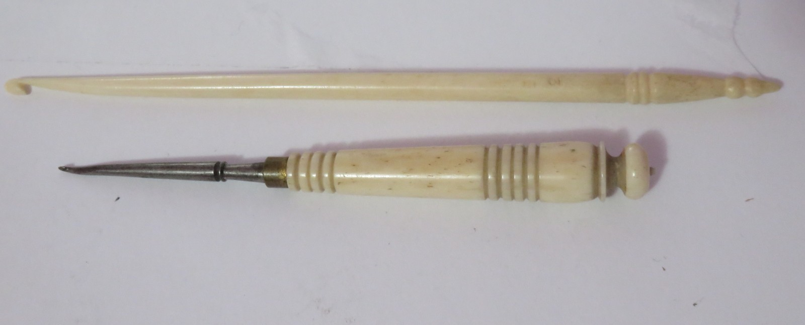 2 Antique Carved Bone Crochet Hooks
