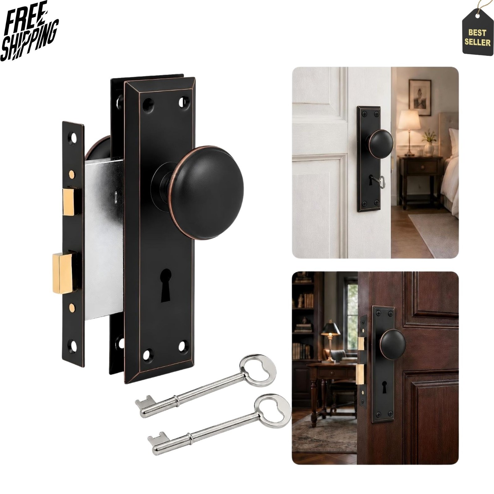 NEW Oil Rubbed Bronze Vintage Mortise Lock Set with Round Door Knobs NEW Oil Rubbed Bronze Vintage Mortise Lock Set with Round Door Knobs